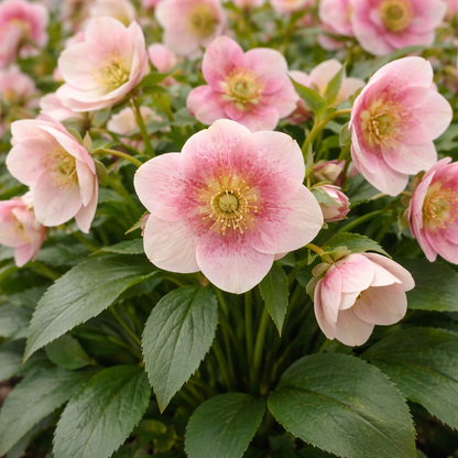 Close-up of pink flowers with green leaves