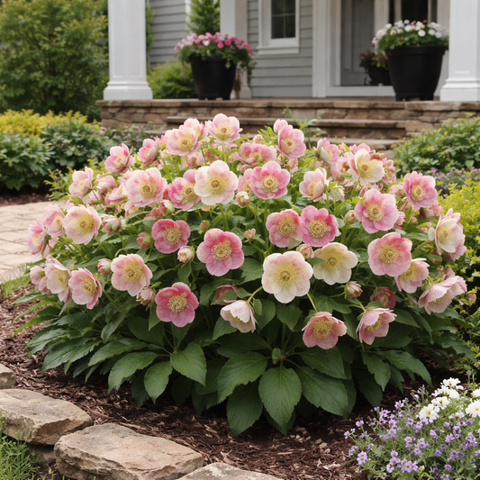 Bush of pink and white flowers in a garden setting with a house in the background.