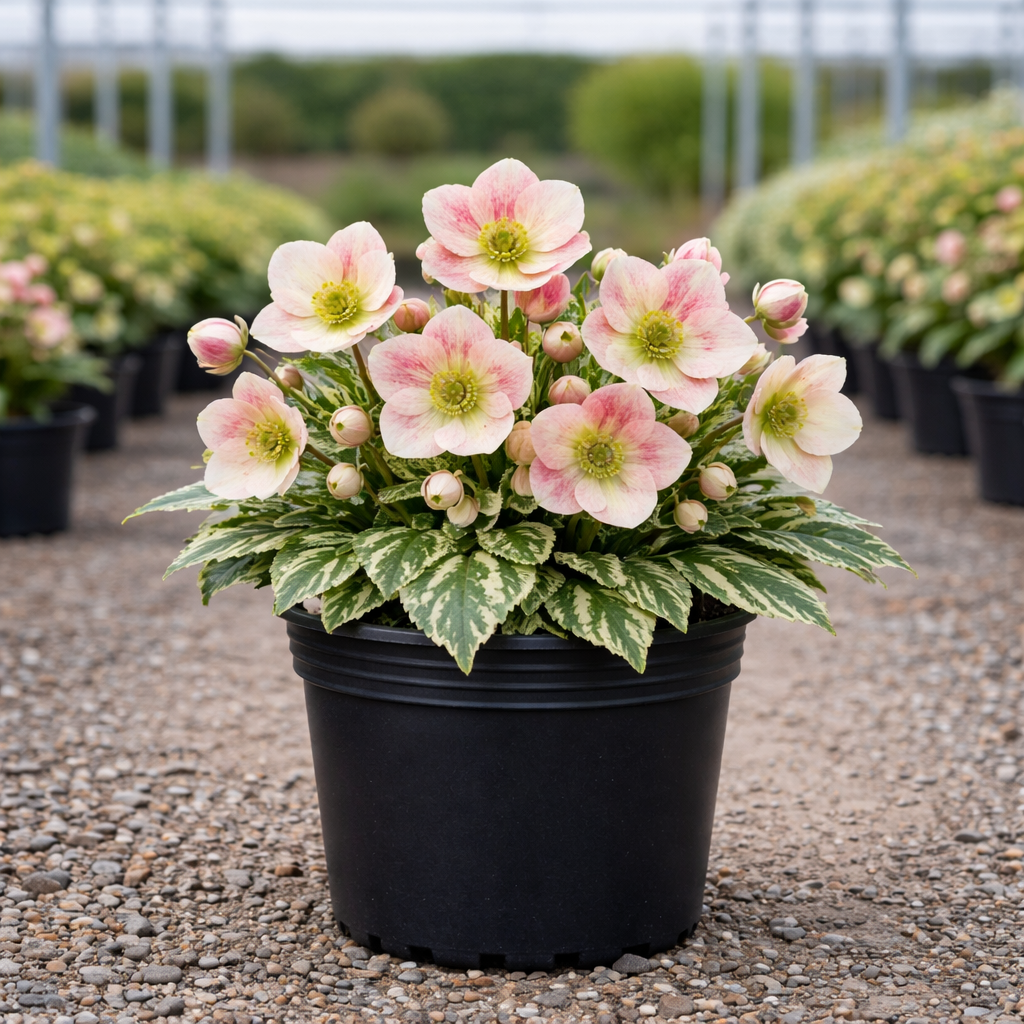 Potted plant with pink and white flowers in a greenhouse setting