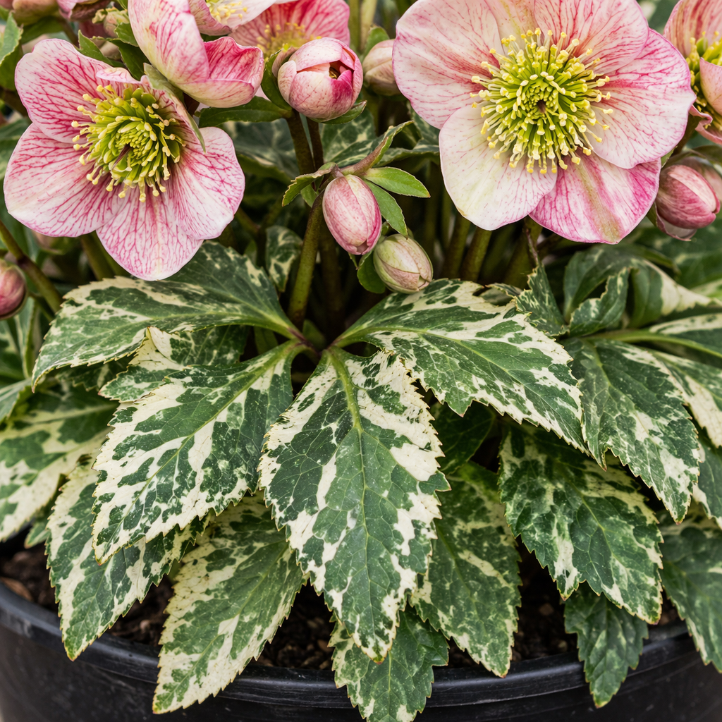 Variegated hellebore plant with pink flowers and green leaves.