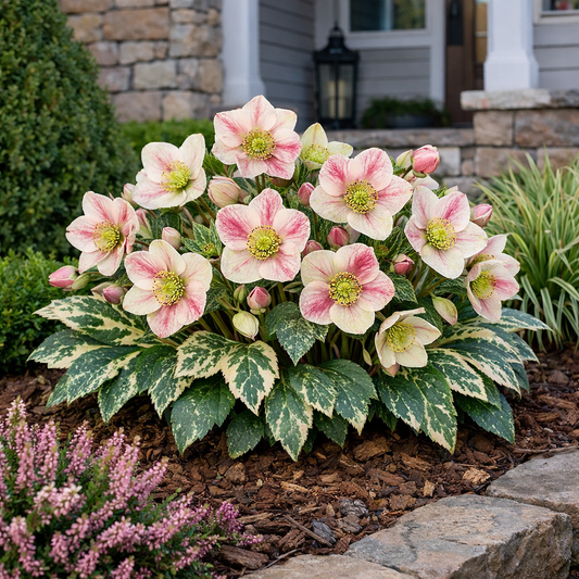 Pink and white flowers with green centers in a garden setting.