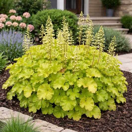 Green flowering plant in a garden setting with mulch and plants around