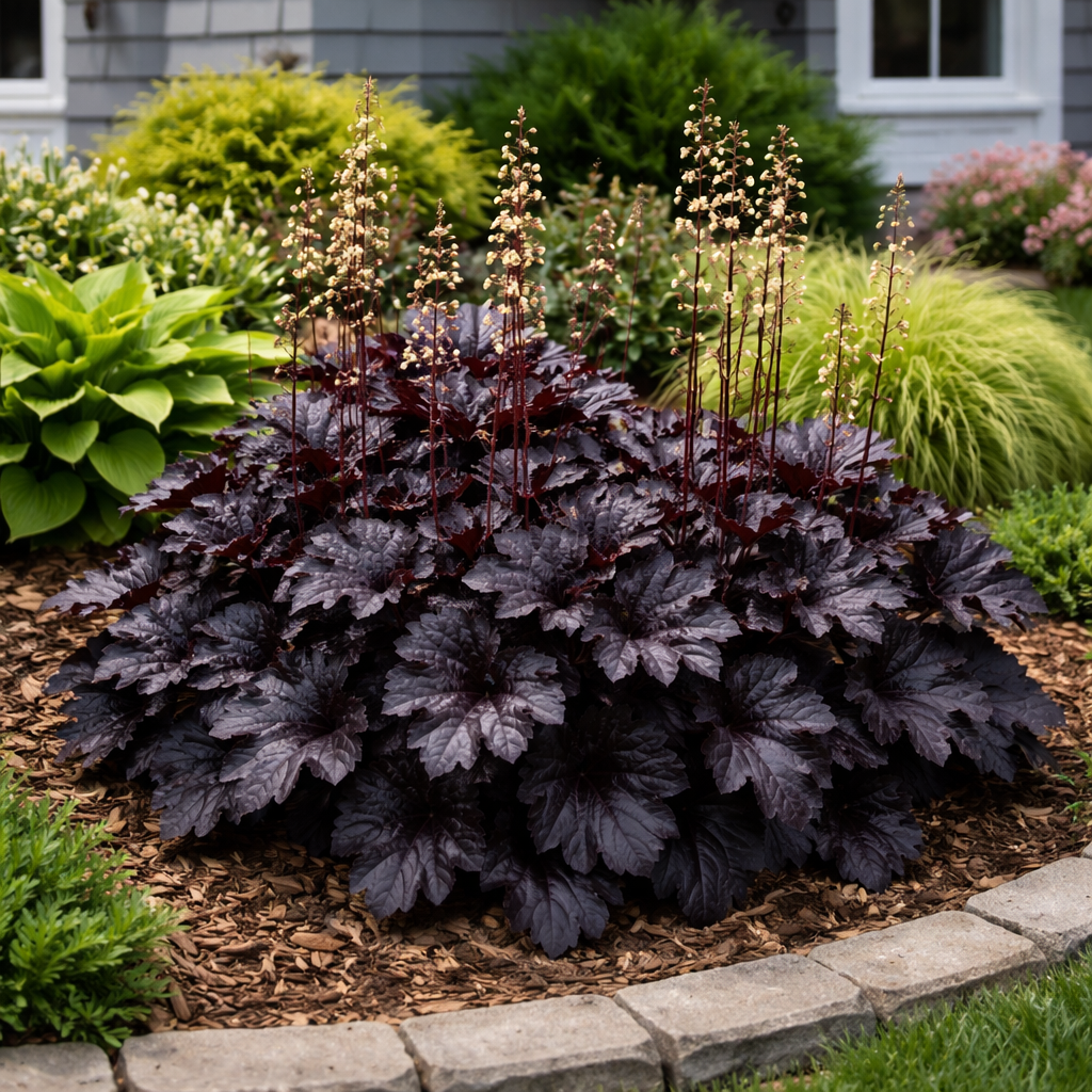 Dark purple heuchera plant in a garden setting with other plants and a house in the background.