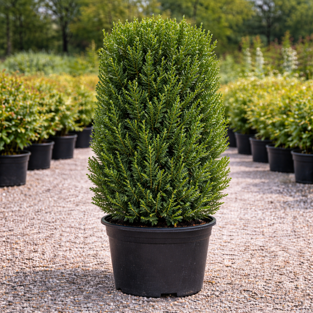 Potted coniferous plant in a nursery setting with other plants in the background.