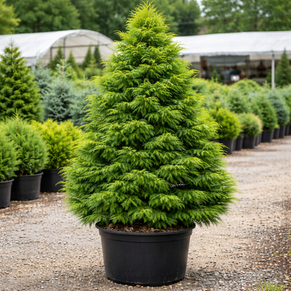 Potted conifer tree in a nursery setting with other trees in the background