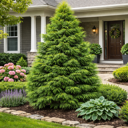 Lush green tree in a well-maintained garden with a house in the background