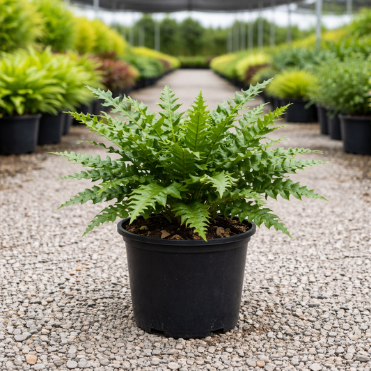 Potted fern plant in a greenhouse setting with other plants in the background