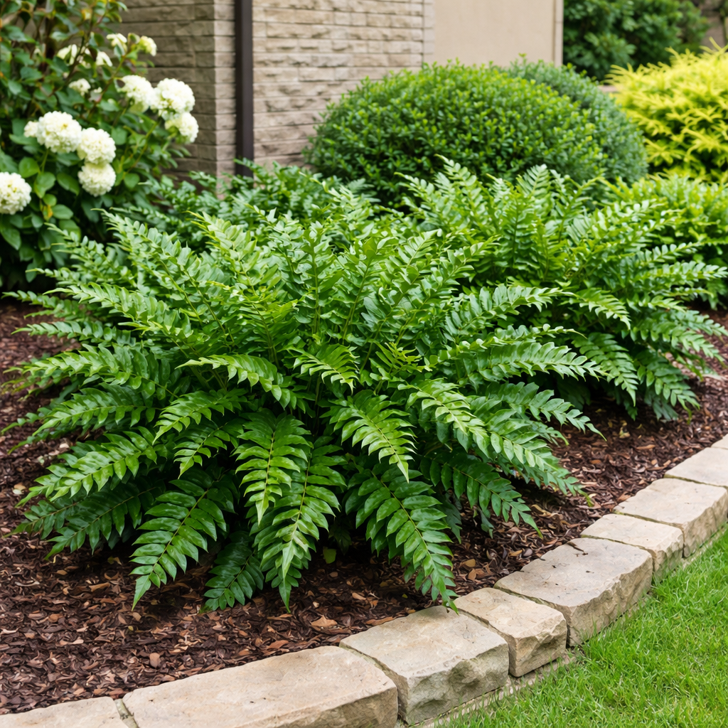 Green fern plant in a garden bed with a stone border and a building in the background.