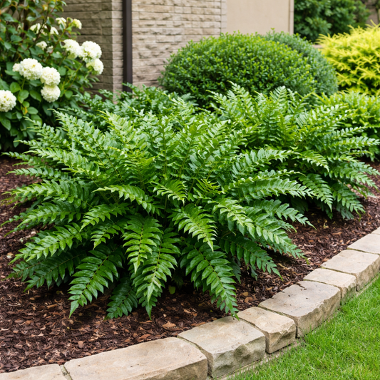 Green fern plant in a garden bed with a stone border and a building in the background.