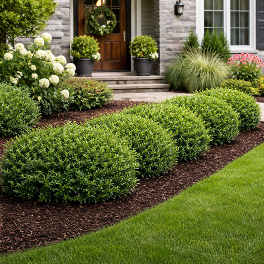 Neatly trimmed bushes in front of a house with decorative plants and flowers.