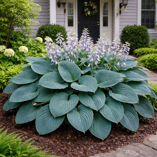 Large green hosta plant with white flowers in a garden setting.