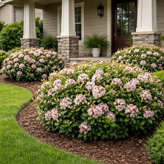 Green bush with pink blooms in front of house