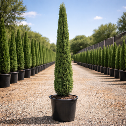 Row of potted conifer trees in a nursery setting