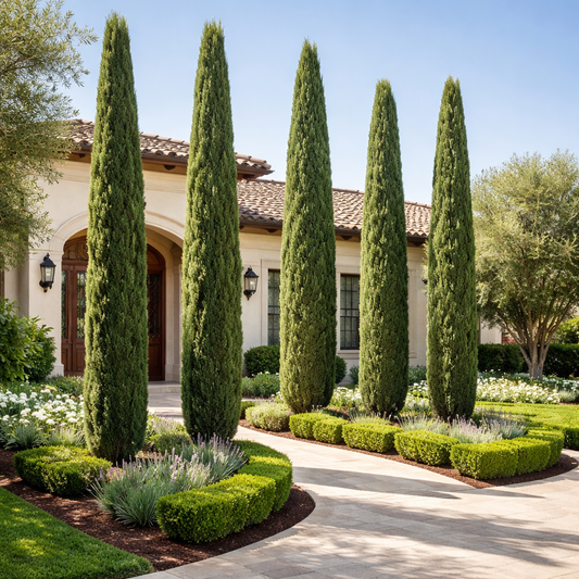 Decorative garden with tall green trees and well-maintained plants in front of a building.