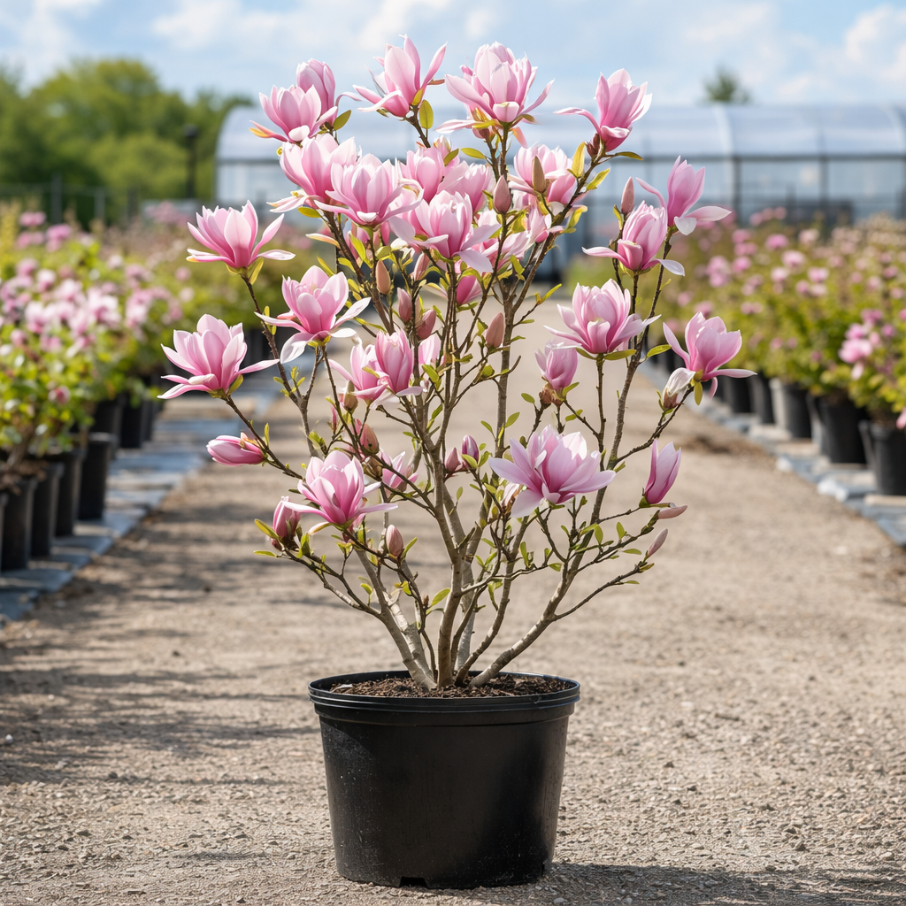 Potted magnolia plant with pink flowers in a nursery setting
