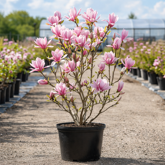 Potted magnolia plant with pink flowers in a nursery setting