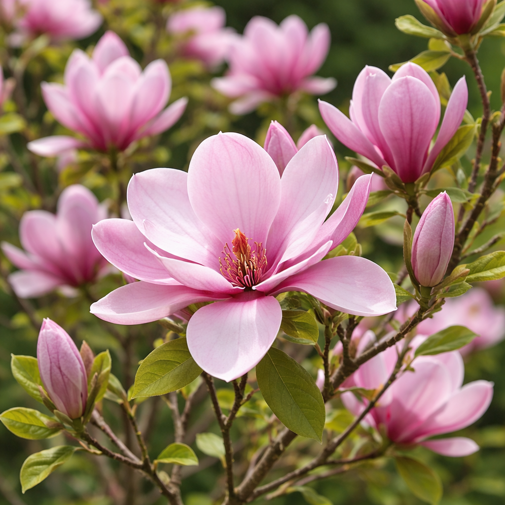 Close-up of a pink magnolia flower with green leaves on a blurred background