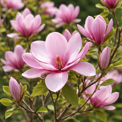 Close-up of a pink magnolia flower with green leaves on a blurred background