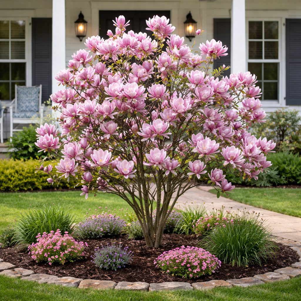 Pink flowering tree in a garden with a house in the background