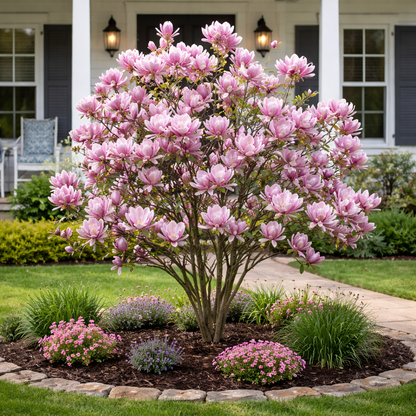 Pink flowering tree in a garden with a house in the background