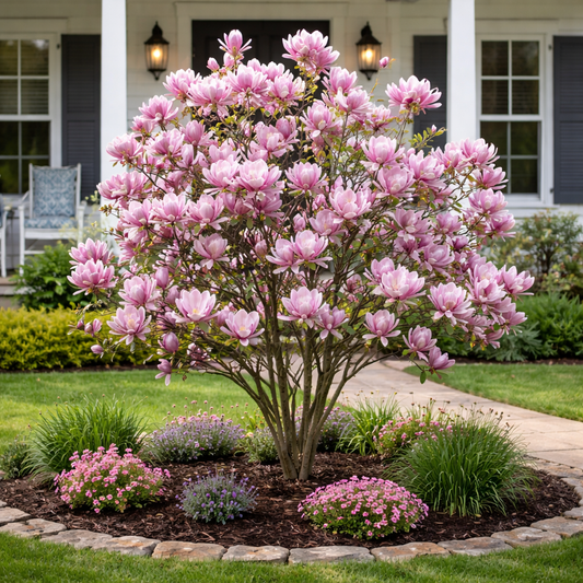 Pink flowering tree in a garden with a house in the background