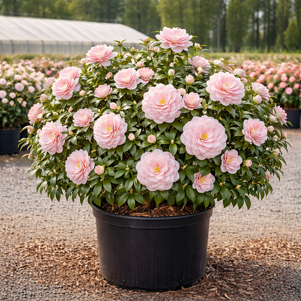 Potted plant with pink flowers in a greenhouse setting