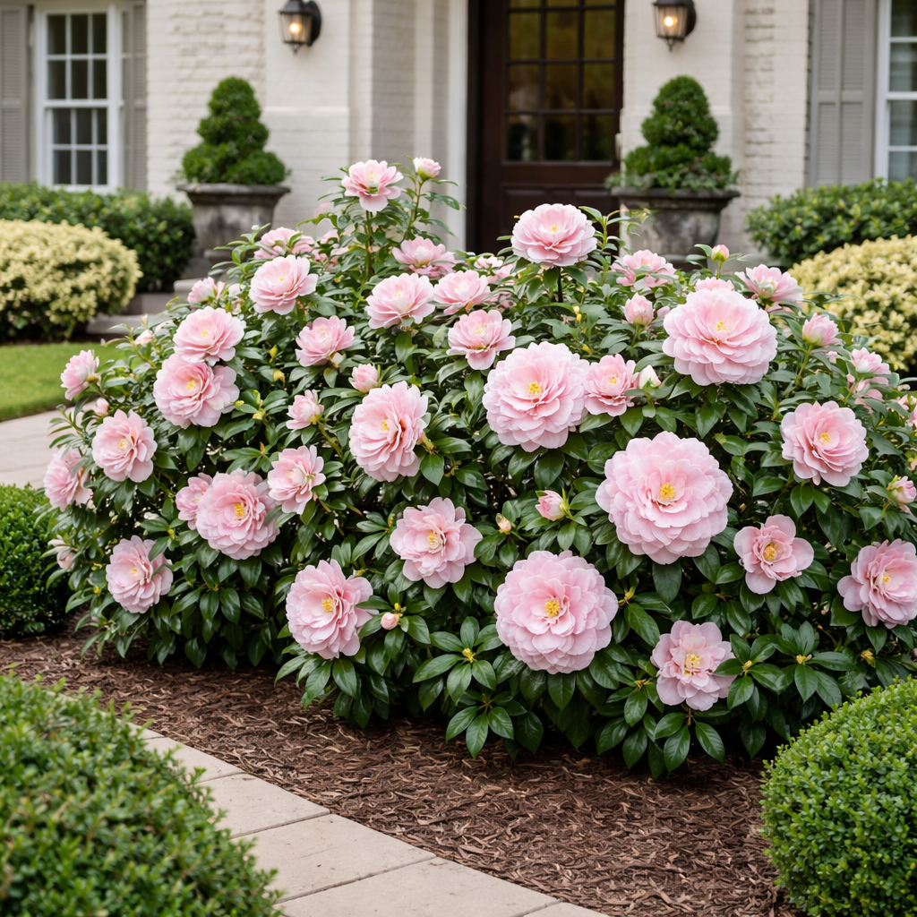 Bush of pink flowers in front of a house with a pathway and shrubs.