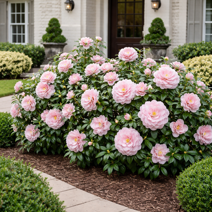 Bush of pink flowers in front of a house with a pathway and shrubs.