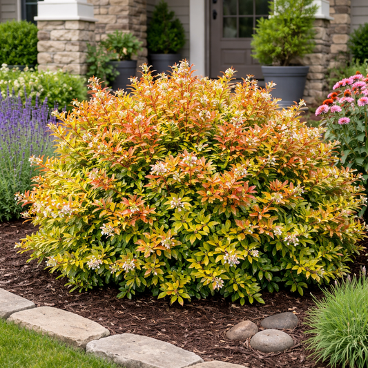Colorful flowering shrub in front of a house with a stone porch and garden.