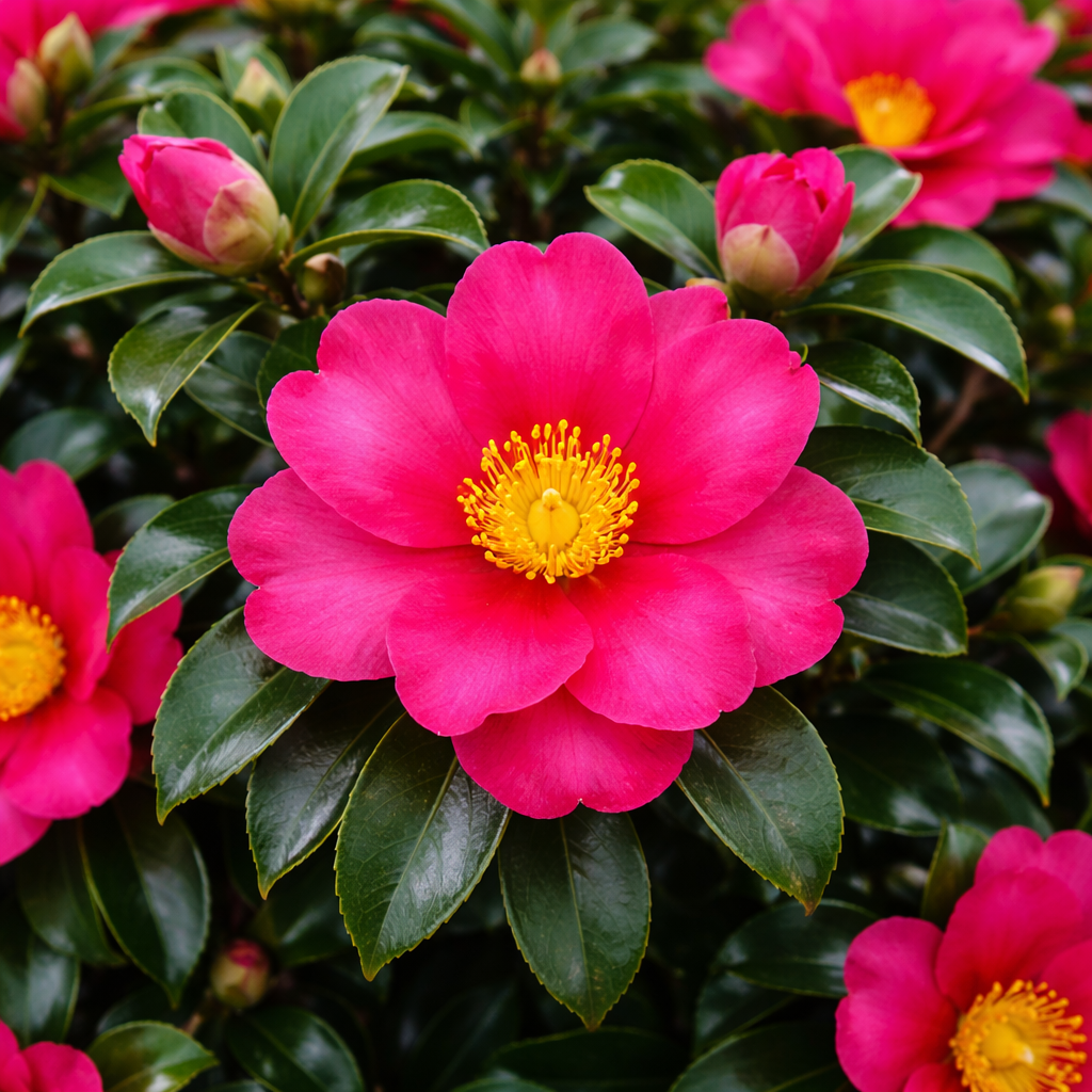 Close-up of a bright pink flower with a yellow center surrounded by green leaves.