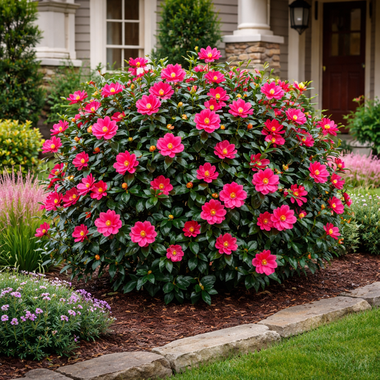 Bush with pink flowers in a garden setting