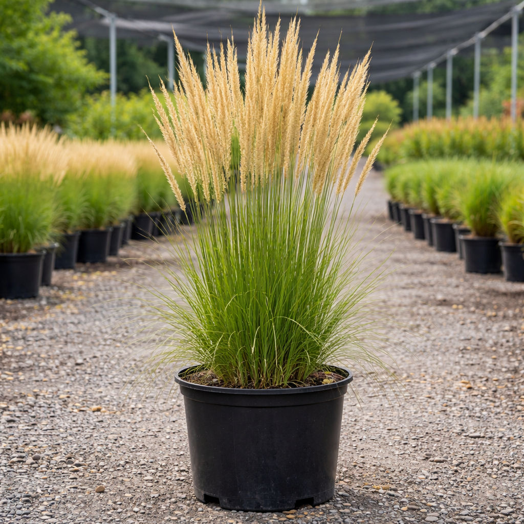 Potted ornamental grass plant in a garden setting with other plants in the background.