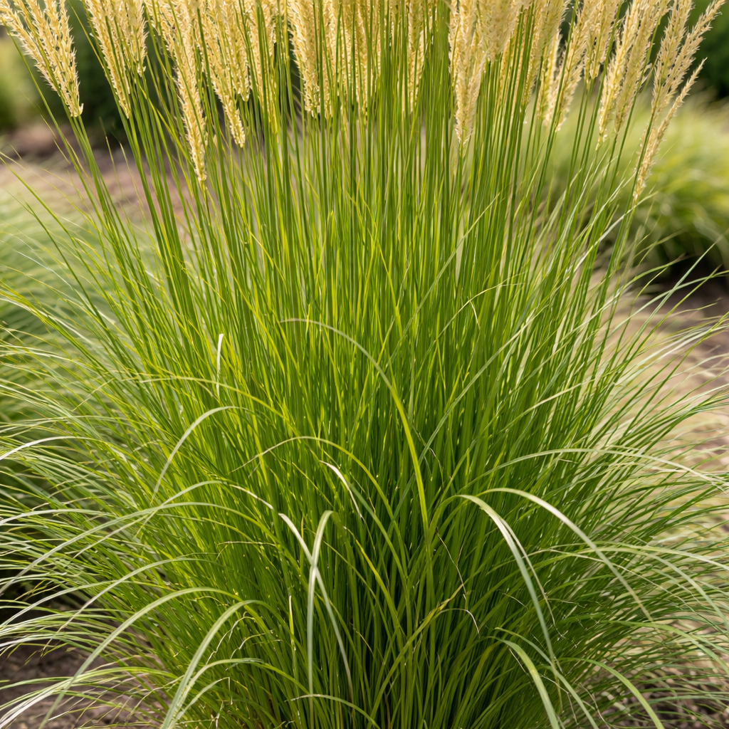 Close-up of a green grass plant with long, thin leaves and small yellow flowers.