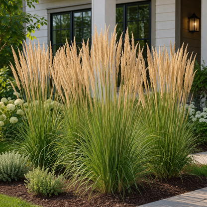 Decorative grasses in a garden setting with a house in the background