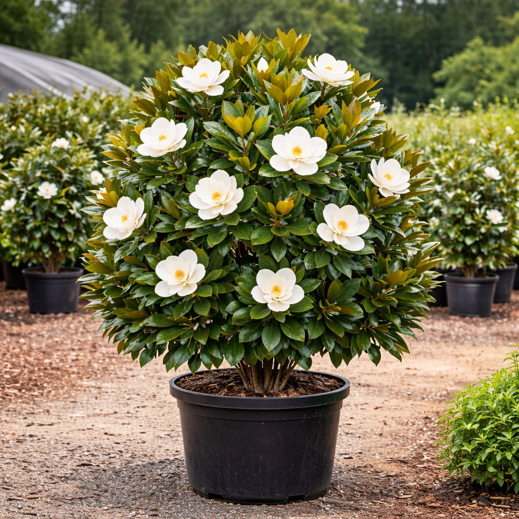 Magnolia Kay Parris tree in 15 gallon grower's pot at a nursery