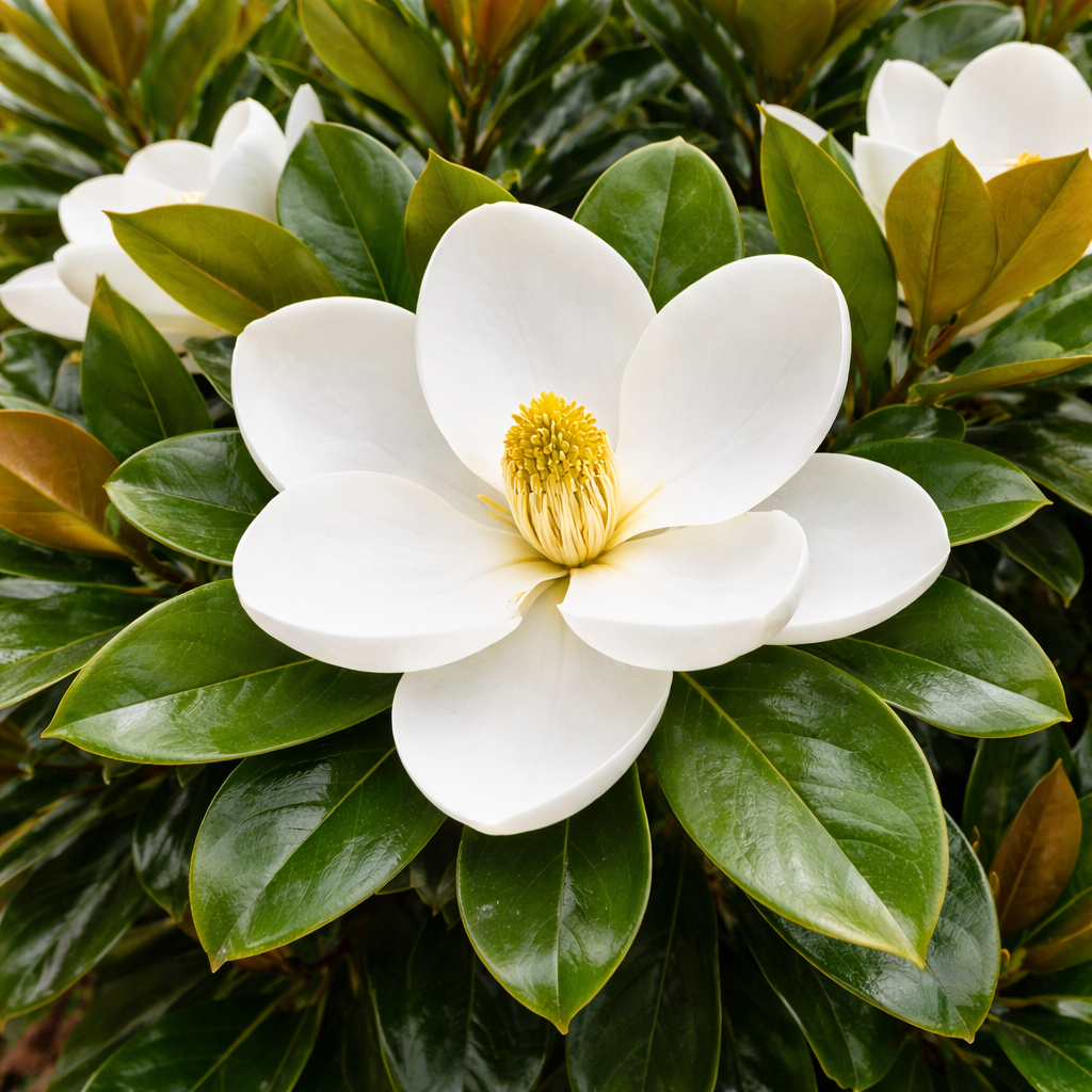 Green tree with white blooms and yellow center of the bloom