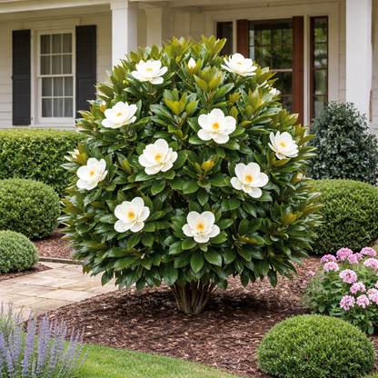 Green tree white blooms in garden in front of house