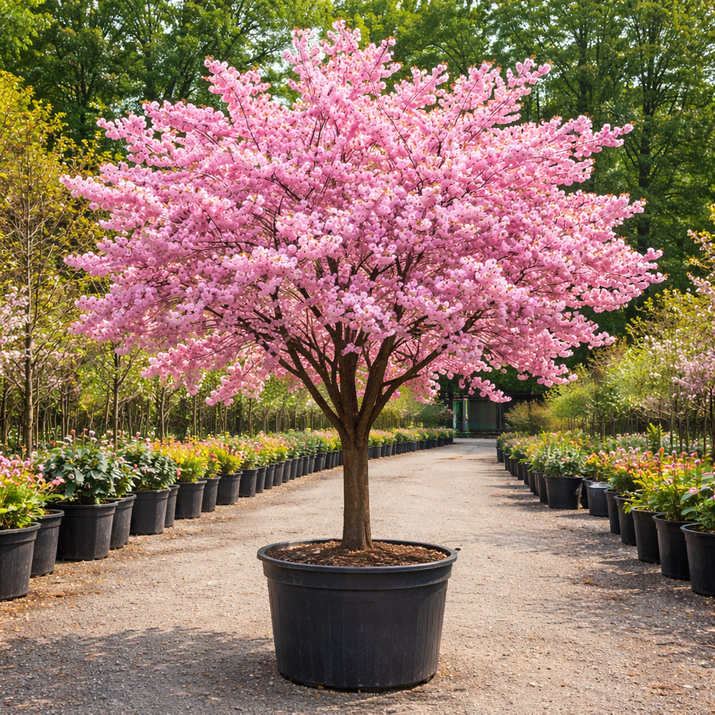 Potted cherry blossom tree with pink flowers in a garden setting
