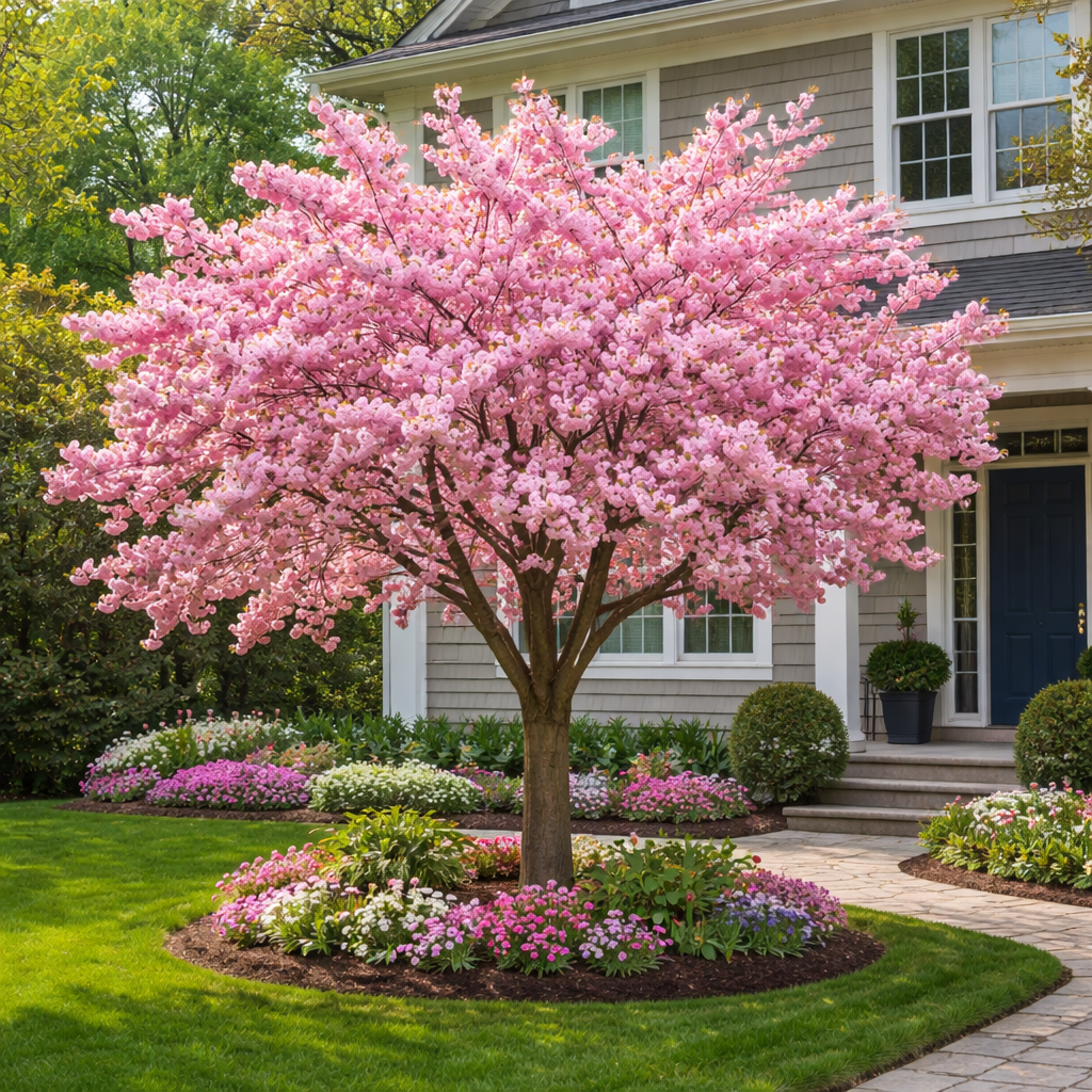 Pink flowering tree in a well-maintained garden with a house in the background