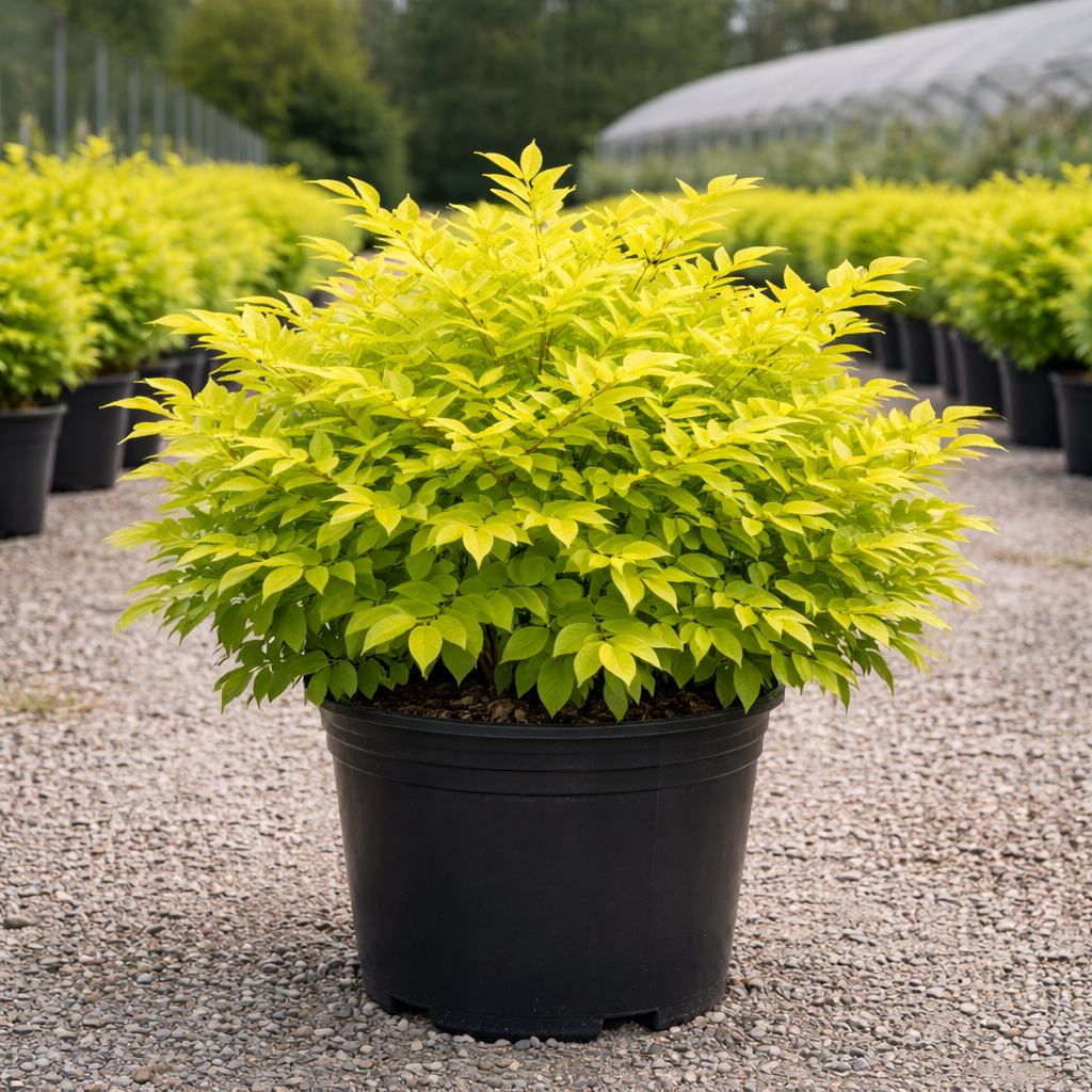 Potted green shrub in a nursery setting with other plants in the background