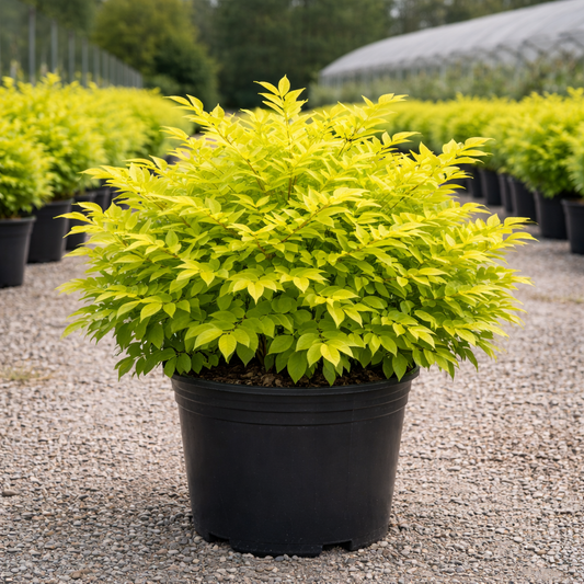 Potted green shrub in a nursery setting with other plants in the background