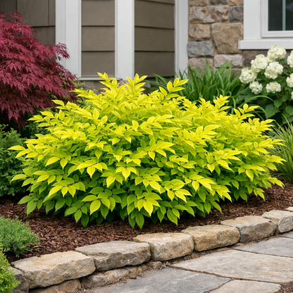 Bright yellow bush in a garden with a stone wall and window in the background