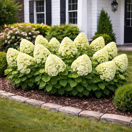 Group of green hydrangeas in a garden bed with a house in the background