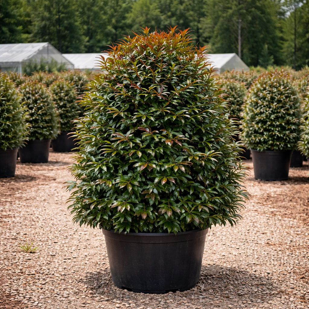 Potted shrub in a nursery setting with other plants and greenhouses in the background.