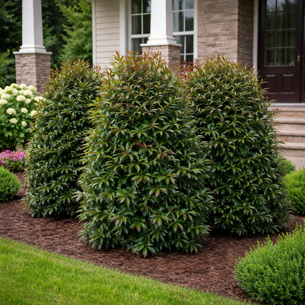 Green shrubs in front of a house with a well-maintained lawn.
