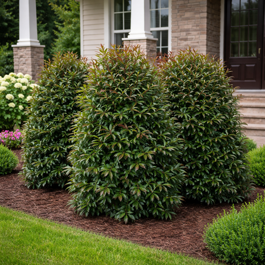Green shrubs in front of a house with a well-maintained lawn.