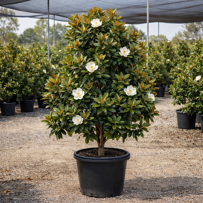 Potted tree with white flowers in a nursery setting