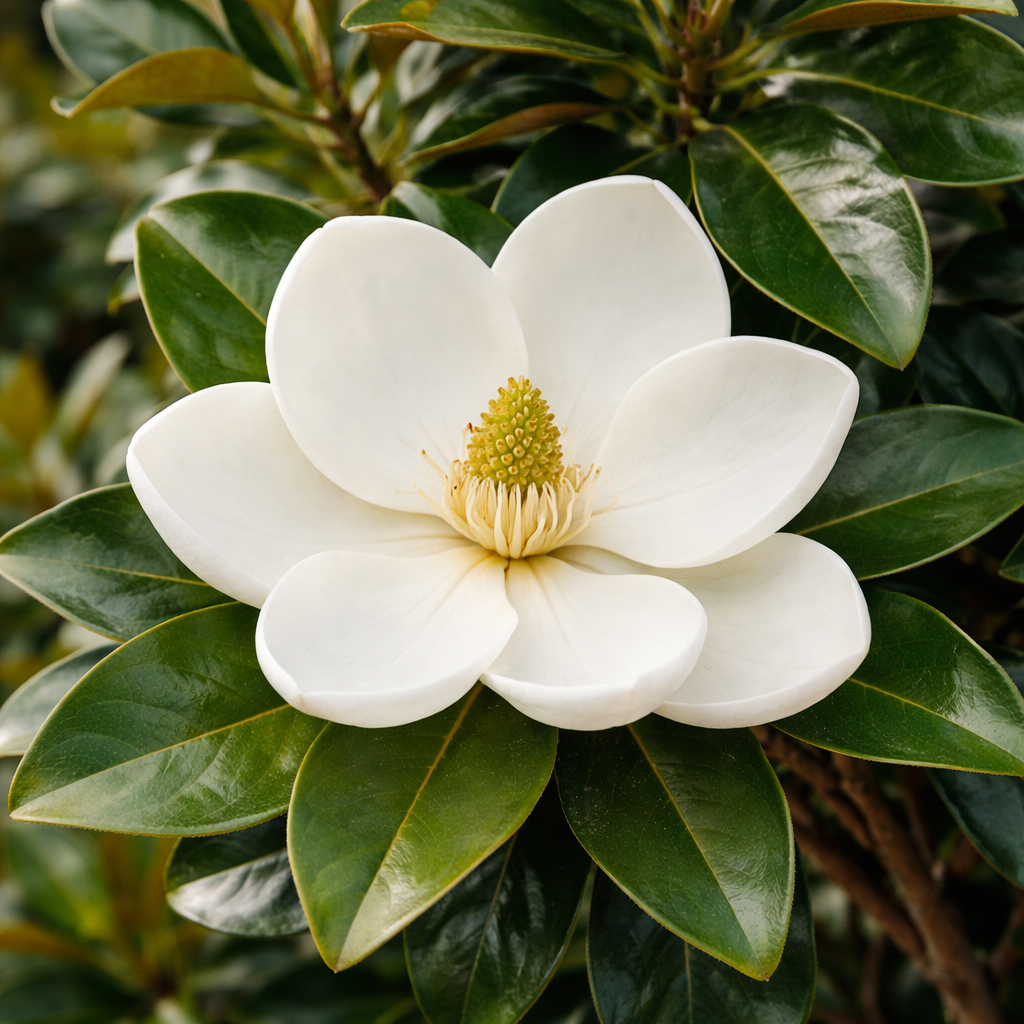 White flower with green leaves on a blurred natural background