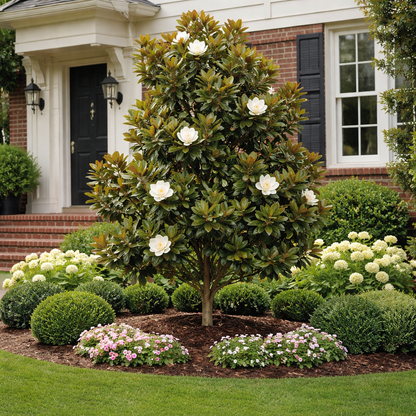 Flowering tree in a well-maintained garden with a house in the background
