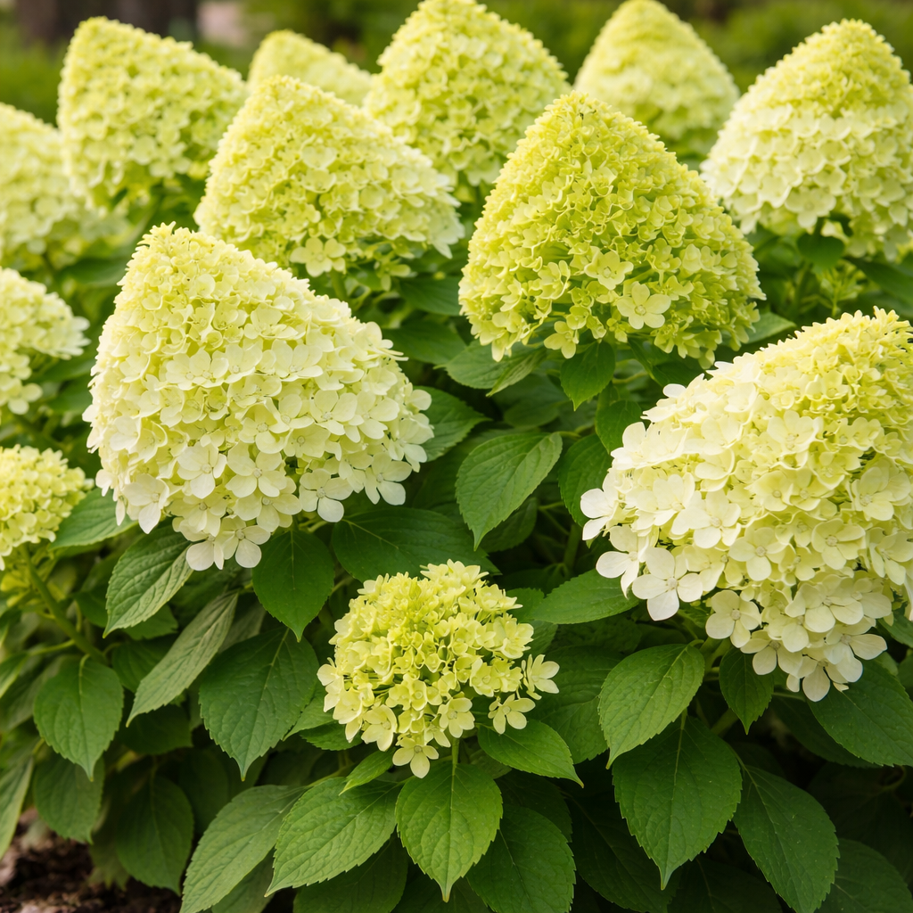 Close-up of green hydrangea flowers with leaves